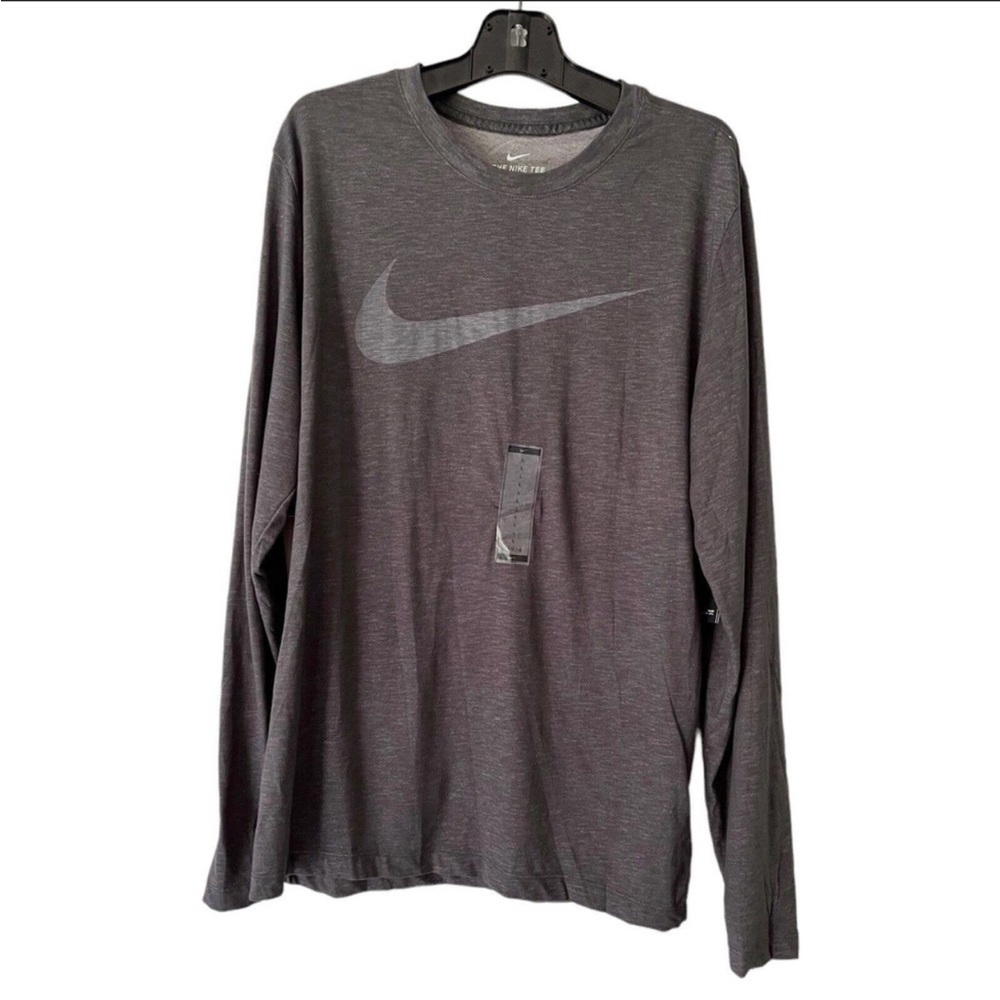 NWT Nike Big Swoosh Standard Fit Long Sleeve Dri-Fit Mens Gray T-Shirt Sz Large